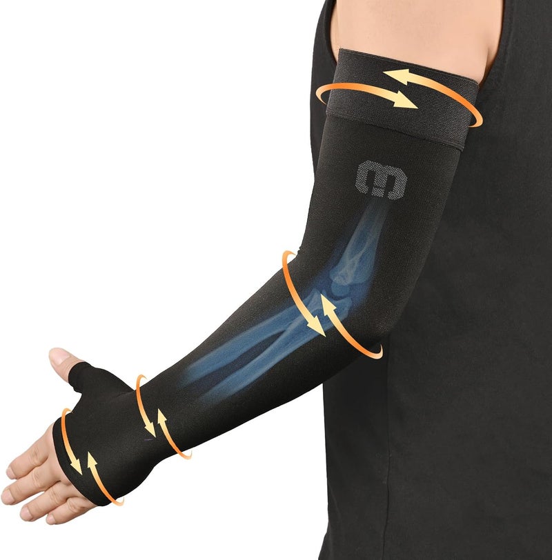 MGANG Lymphedema Compression Arm Sleeve with Gauntlet for Women Men, Opaque, 15-20 mmHg Medical Graduated Compression Full Arm Support, Thumb Lymph Edema Arm Sleeve, Pain Relief, Arthritis, Black XL - Image 1